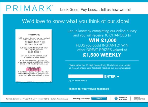 tellprimark - Win $1000 Cash - Tell Primark Survey